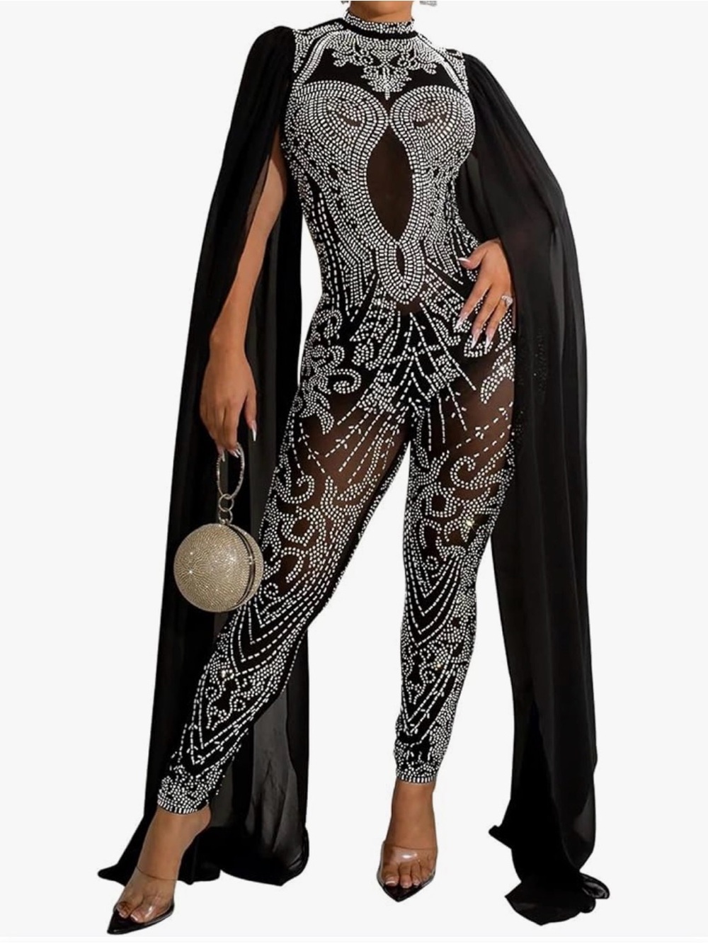 Rhinestone Jumpsuit Women Mesh See Through Romper Clubwear/Cosplay. Size Large.